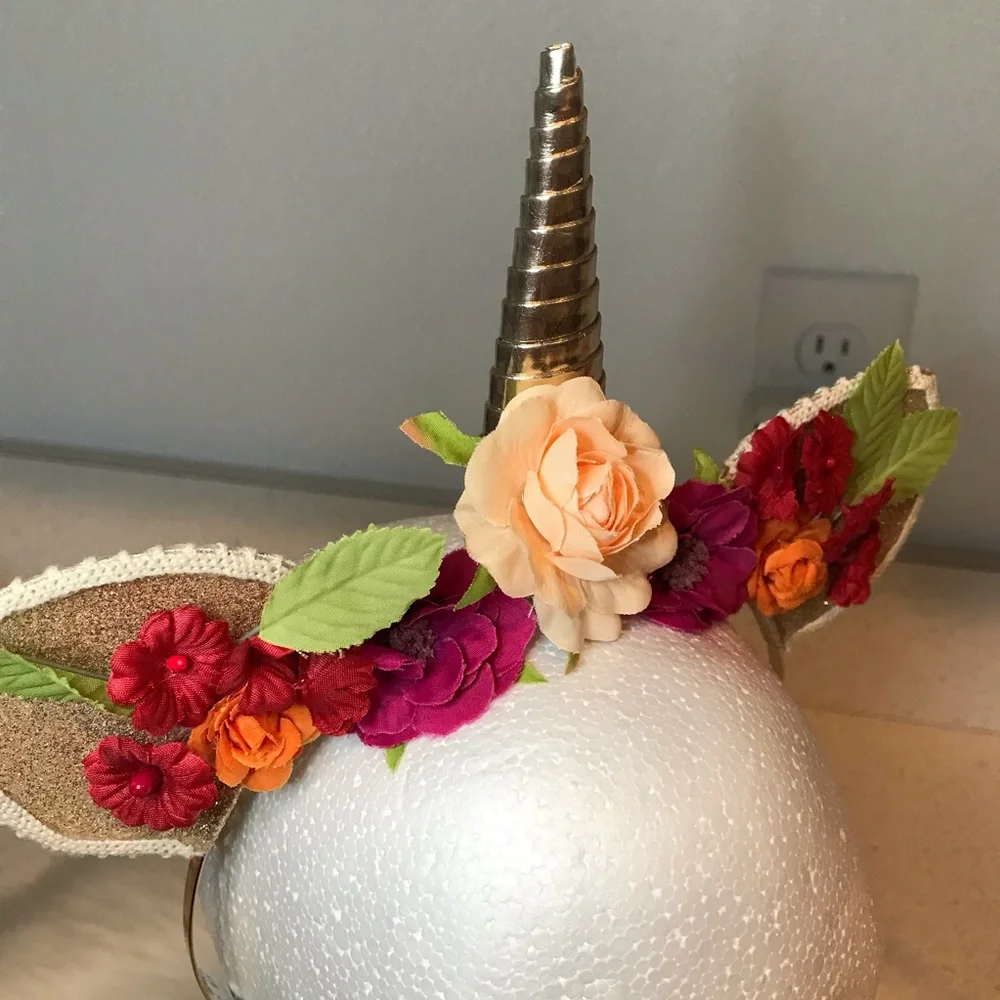 Unicorn Multi Red Green Gold Tone Floral Ears Horn headband hairband diadema OS